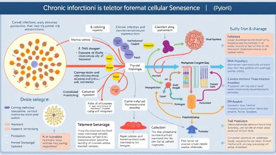 Infographic on chronic infections and cellular senescence showing cellular impact pathways.