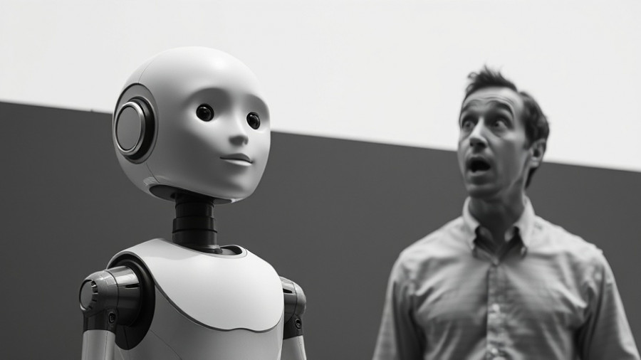 Humanoid robot for household next to surprised man with text overlay.