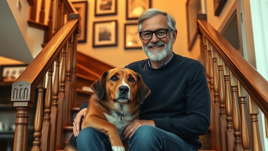 Middle-aged man and dog on staircase in cozy home