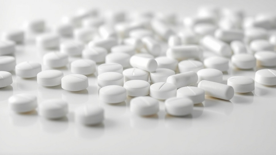 White tablets scattered, best daily dose of taurine supplement concept.