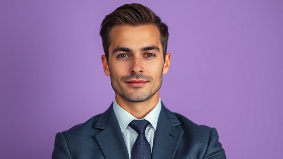 Professional man in a suit with a soft purple background, AI agents in life sciences.