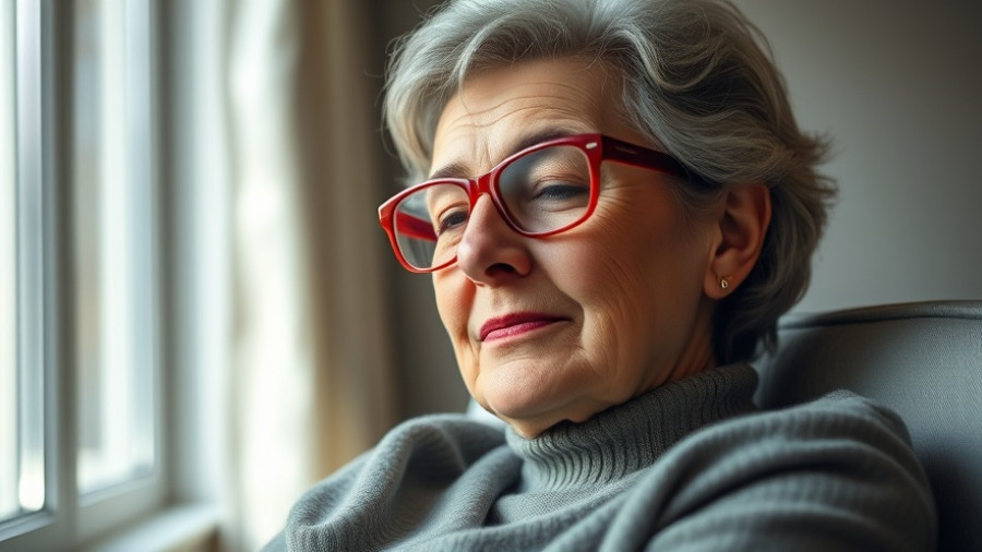 Older woman with red glasses resting, serene indoor setting.
