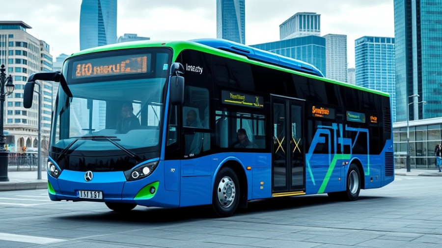 IntrCity SmartBus in blue and green, highlighting funding expansion against city skyline.