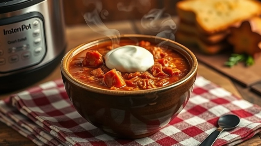 Instant Pot Goulash Soup in white bowls on checkered cloth.