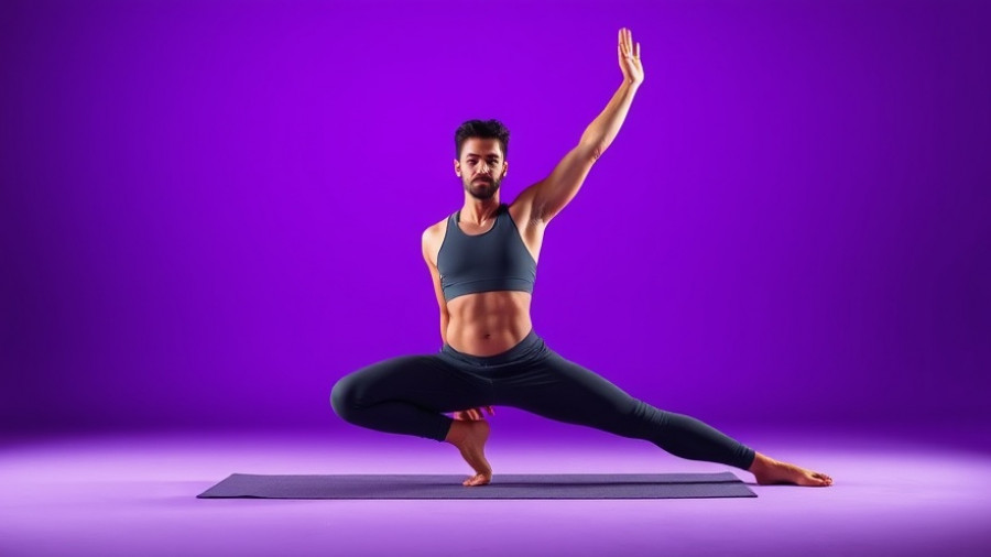 Person performing midday yoga routine in a purple-lit studio.