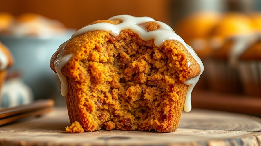 Chai-spiced butternut squash muffin with vanilla glaze, inviting atmosphere.