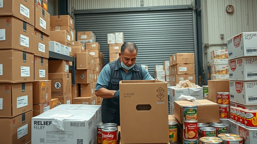 Impact of USAID dismantling on U.S. relief efforts shown by warehouse worker organizing supplies.