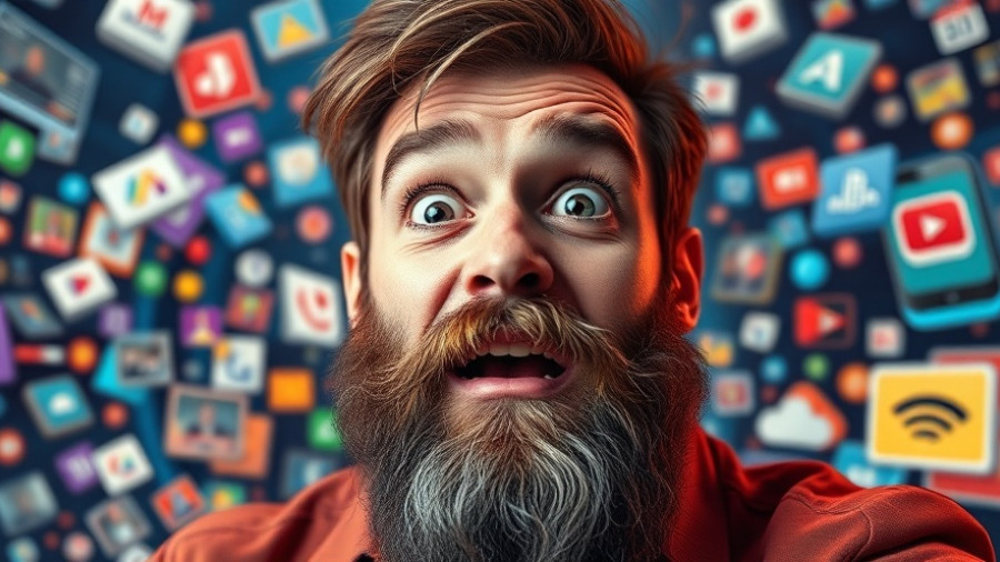 Amused man's surprise face with digital news icons floating, automate your news digest.