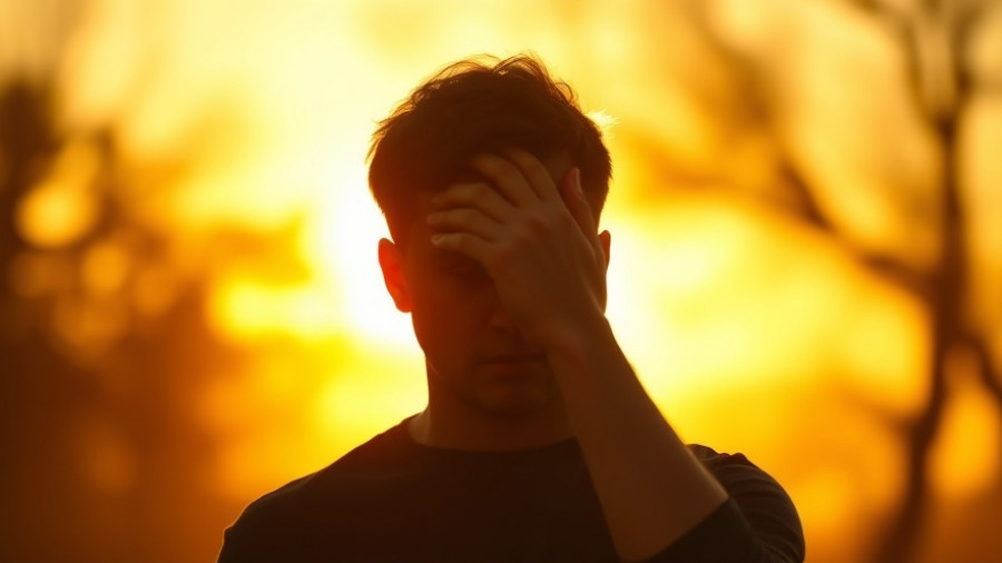 Silhouette overcoming overwhelm at sunset, face covered.