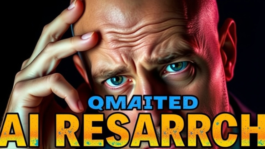 Man concerned about automated AI research, colorful text.