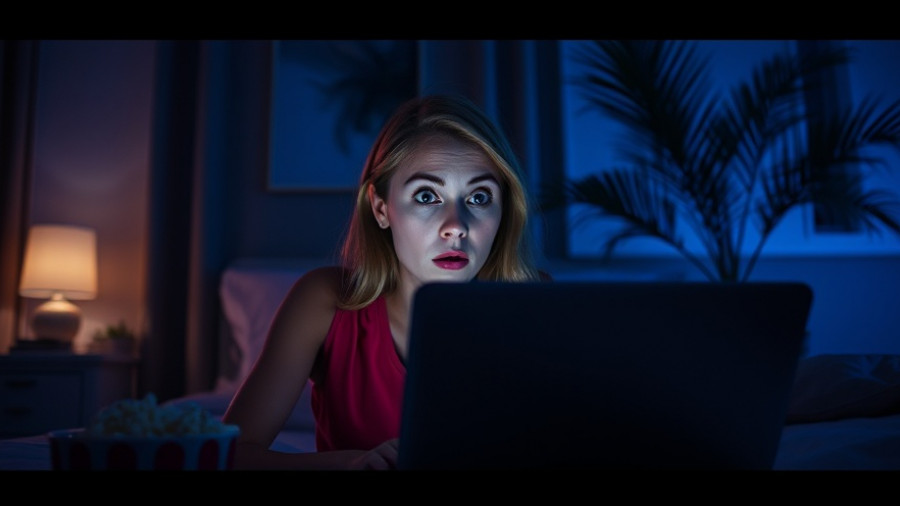 Woman startled by spooky short films on YouTube, nighttime setting.