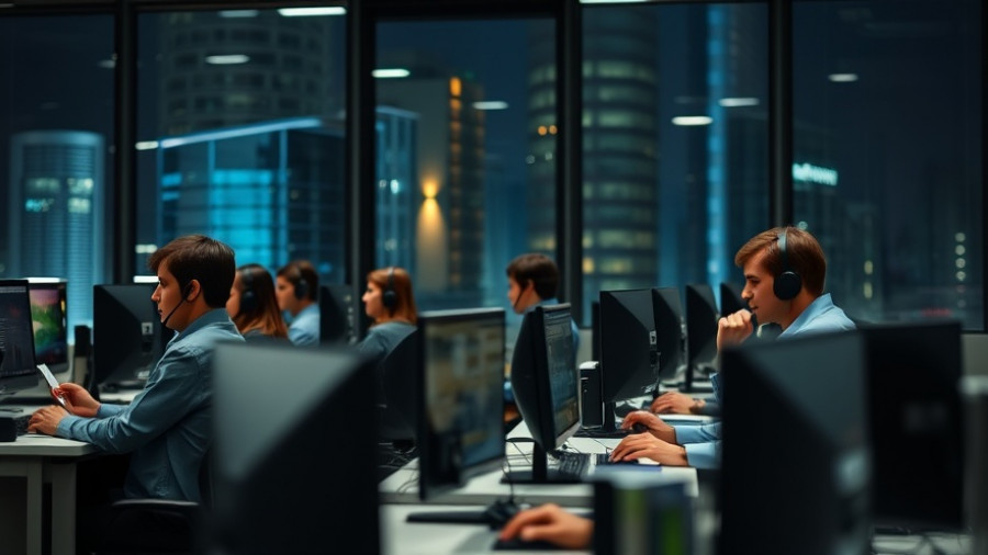 Nighttime call center environment reflecting AI layoffs and offshoring trends.