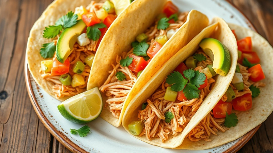 Colorful shredded chicken tacos with avocado and lime slices.