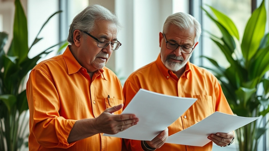 Elderly man discussing documents in a wellness-centered setting.