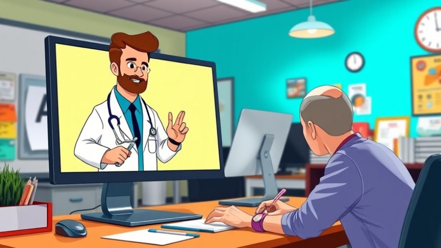 Illustrated doctor on screen engaging with user, vibrant digital art.