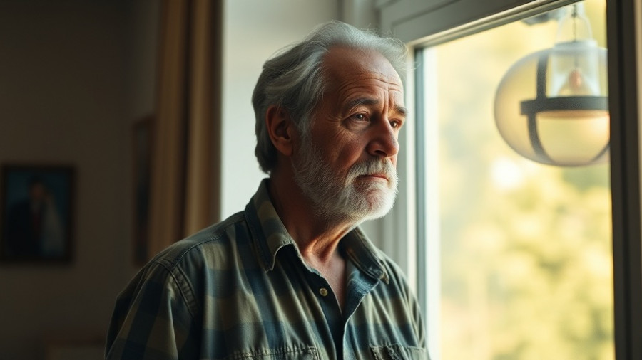 Older man gazing thoughtfully out window, addressing multiple myeloma racial disparities.