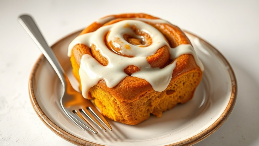 Gourmet pumpkin cinnamon roll with creamy icing on a rustic plate.