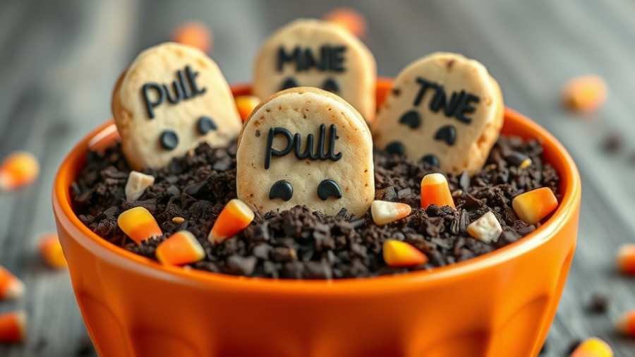 Graveyard chocolate cheesecake dip with tombstone cookies.