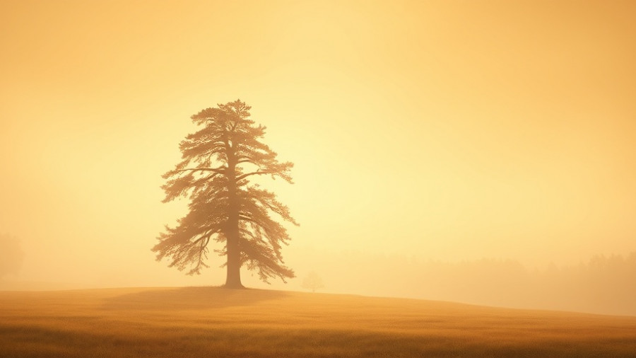 Majestic tree in misty sunrise capturing timeless life lessons ambiance.