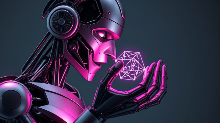 Futuristic humanoid robot with a multi-chain token concept, holding a glowing object.