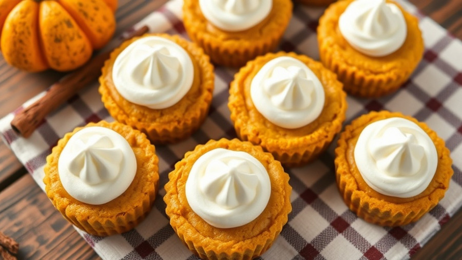Low-carb mini pumpkin cheesecakes with whipped cream on a plate.