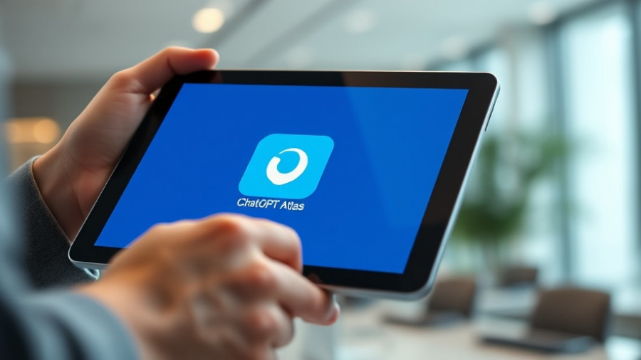 Tablet displaying ChatGPT Atlas app interface in an office setting.