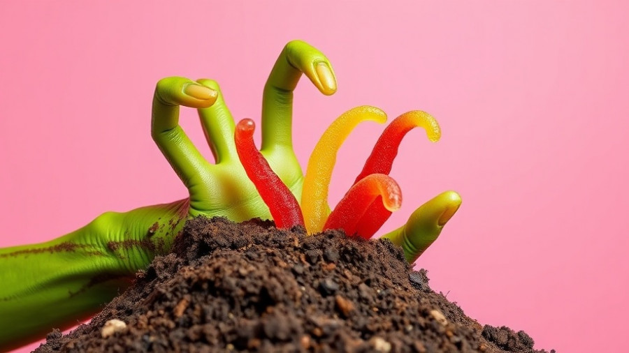 Halloween-themed green zombie hand with gummy worms, vibrant colors.