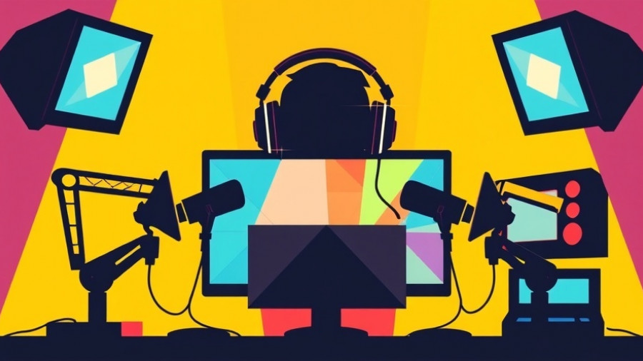 Stylized broadcast theme with microphones and headphones illustration.