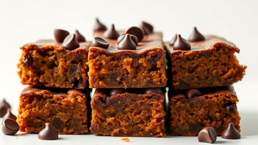 Healthy sweet potato brownies with chocolate chips on a white background.