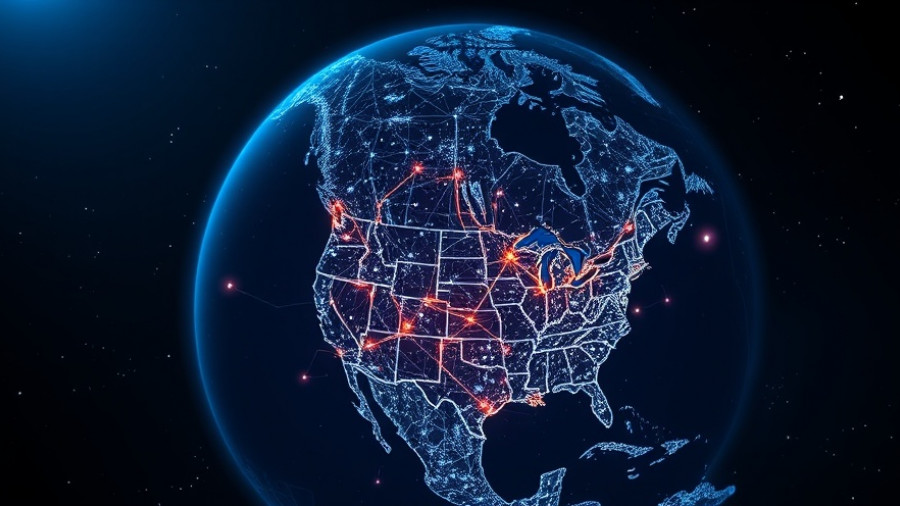 Digital map of North America showing network data connections at night.