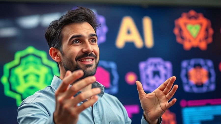 Dynamic presenter discussing AI tools for productivity with colorful logos.