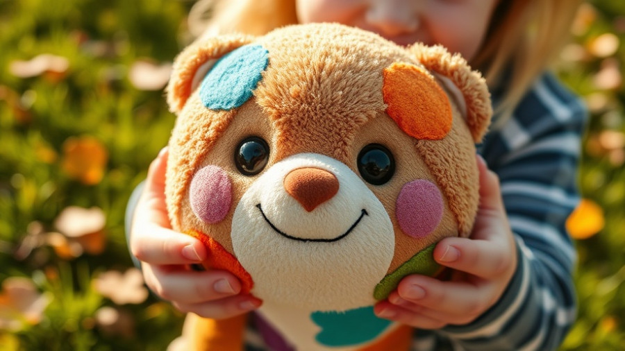 AI voice toy for kids: Cute plush toy held by children outdoors.