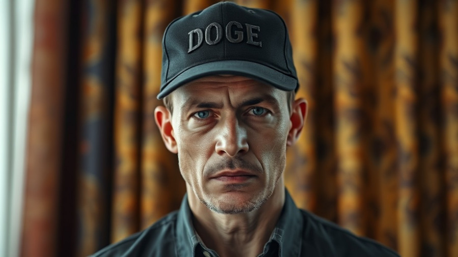 Serious man indoor portrait wearing a black cap marked 'DOGE'.