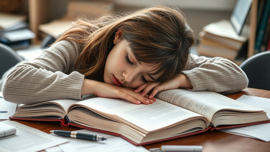 Teen girl dozing on books, illustrating sleep schedule reset.