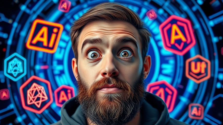 AI Browser Technologies news, bearded man with AI logos, colorful digital backdrop.