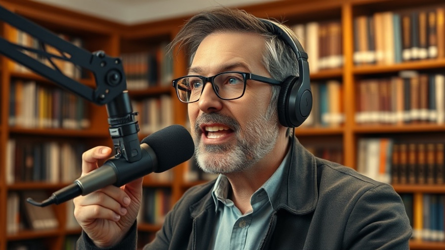 Middle-aged man podcasting in library, speaking about teaching kids about AI.