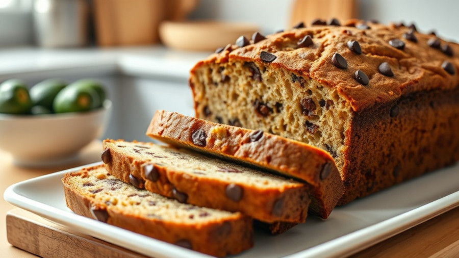 Freshly sliced chocolate chip zucchini bread on a platter.