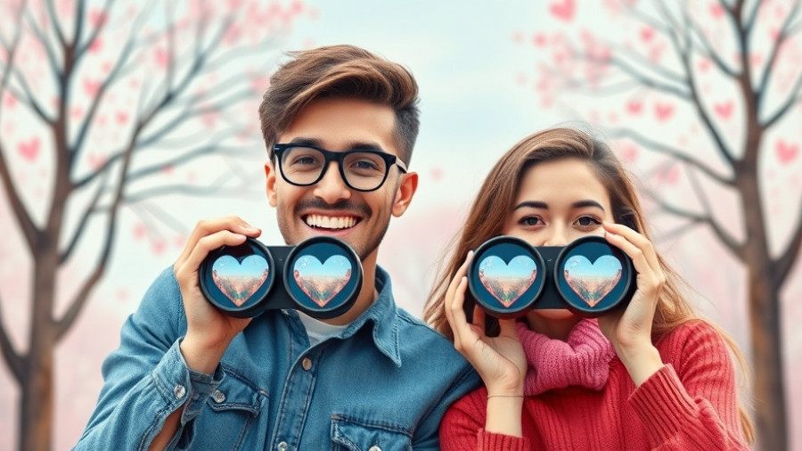 Cartoon couple using binoculars with heart shapes, Bird Theory relationship test