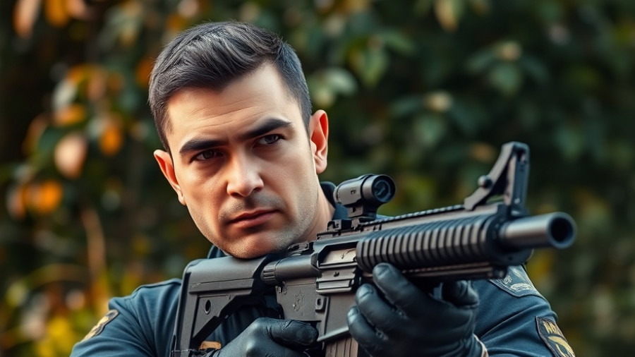 Officer holding rifle outdoors with greenery, showing opioid settlement cash spending.