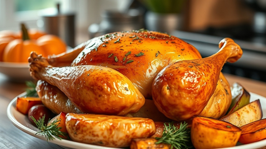 Golden roasted turkey with herbs on a plate in a cozy setting.