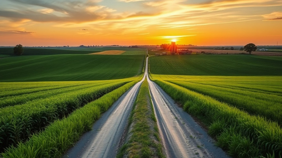 Scenic rural landscape depicting agricultural fields and a farm, symbolizing rural health transformation program.