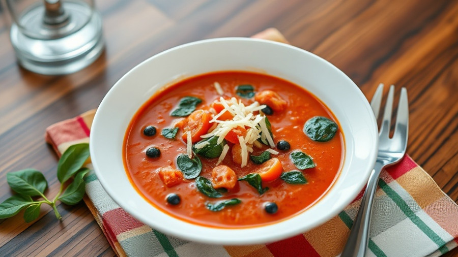Low-carb tomato spinach soup in white bowl with cheese.