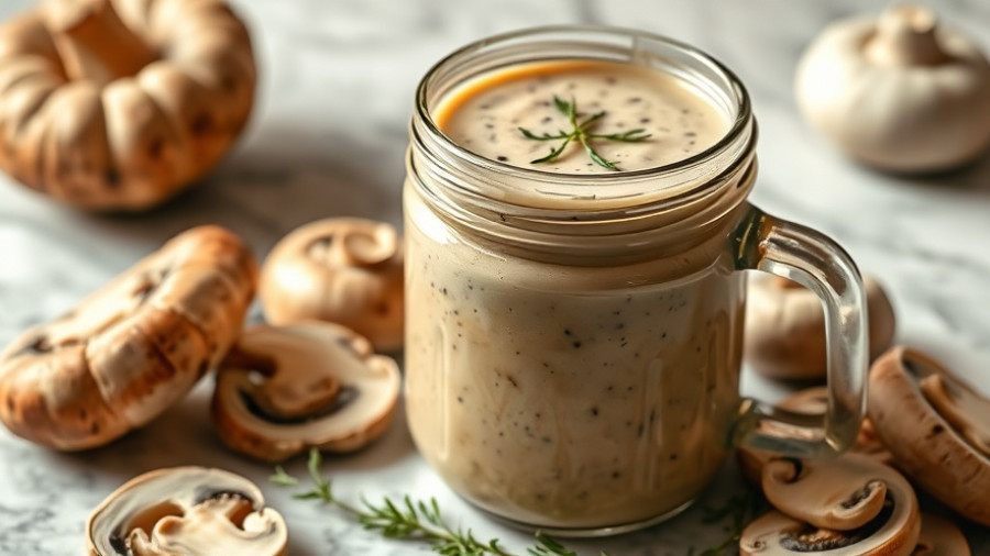 Creamy homemade cream of mushroom soup in a jar with fresh mushrooms.