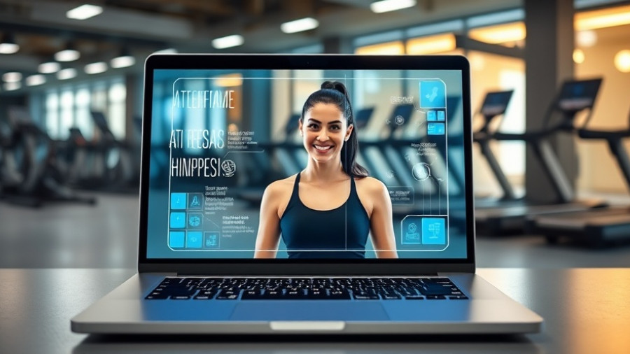 Napster holographic AI assistant on laptop in virtual gym.