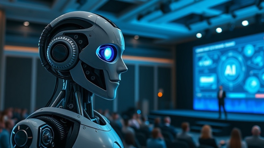 Abacus AI Deep Agent Automation presentation with humanoid robot and audience.