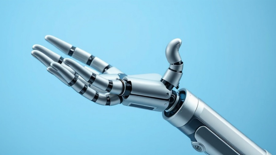 Robotic hand extended in AI dashboard concept for content marketing.