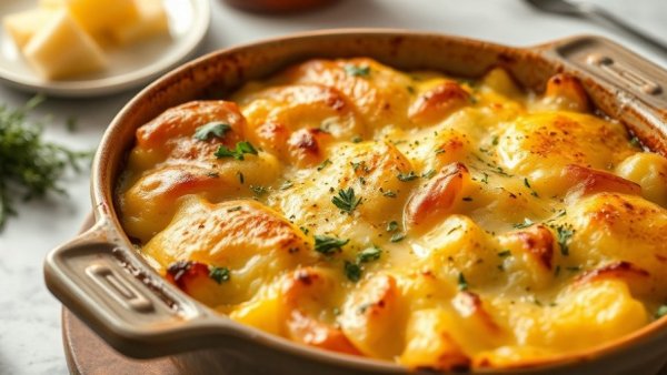 Creamy scalloped potatoes in a baking dish with cheese topping.