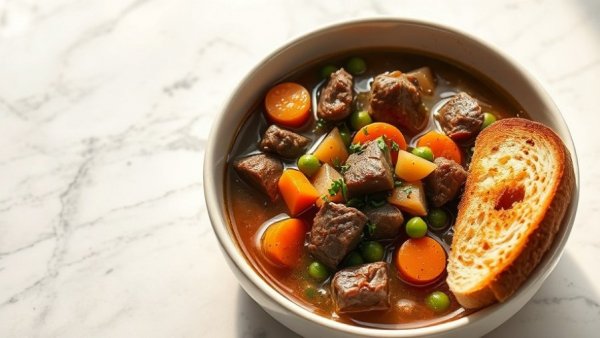 Hearty slow cooker beef stew recipe with carrots and peas.