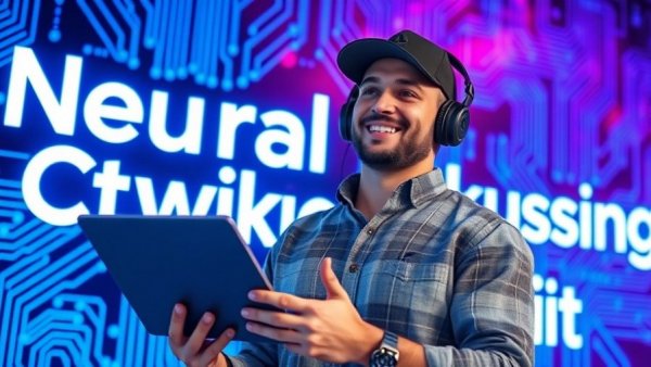 Man with cap and tablet in neon setting for AI integration.
