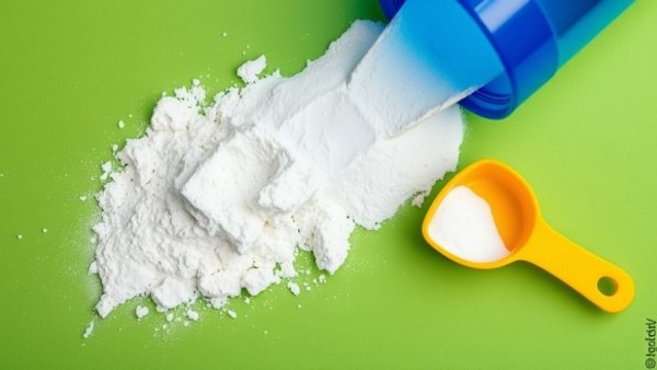 Taurine Supplementation with powder spilled from a blue container onto a green background